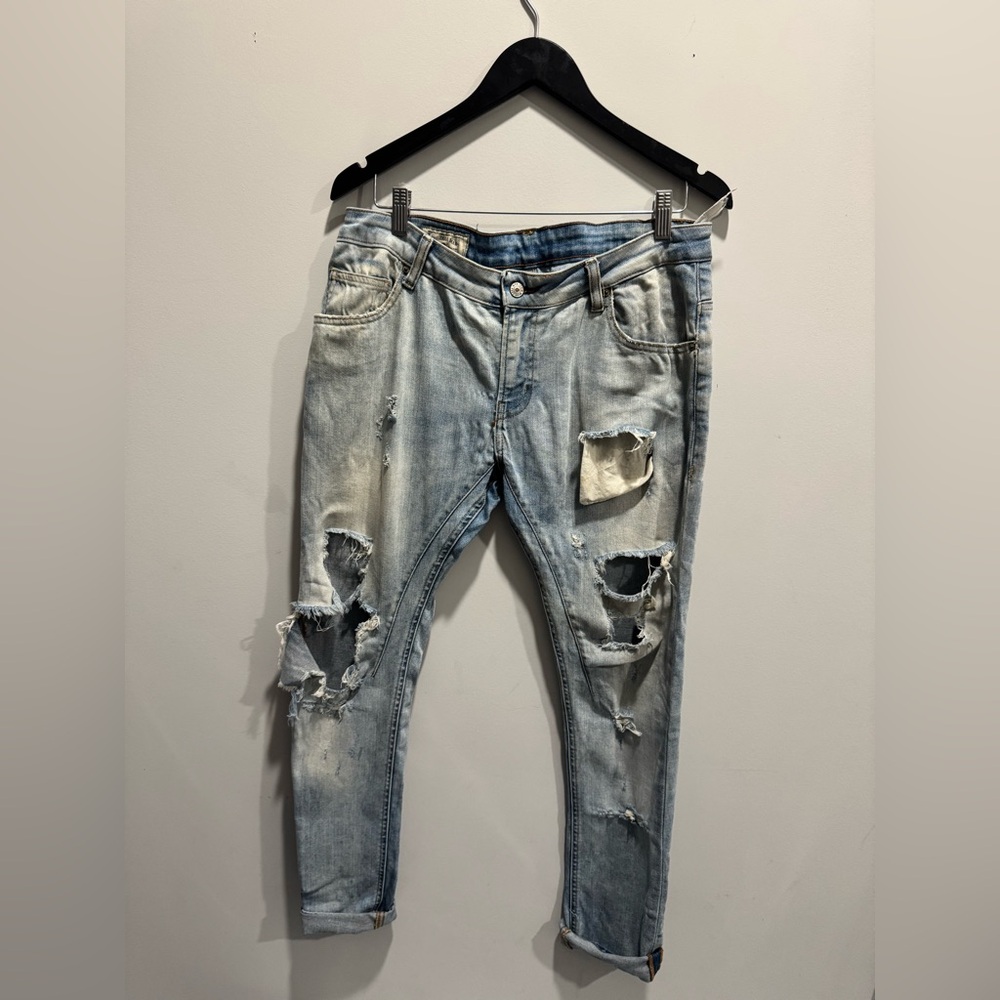 Zara Men's Ripped Light Blue Skinny Jeans